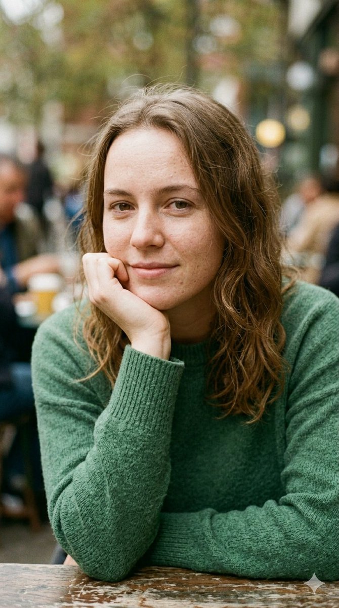 Young woman with freckles laughs at a sunlit cafe