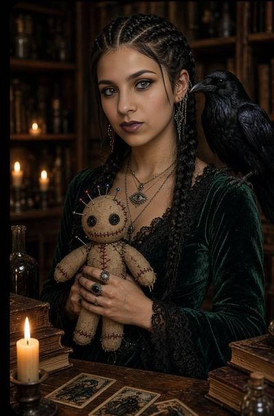 Young Witch in Emerald Gown Holds Voodoo Doll in Occult Library