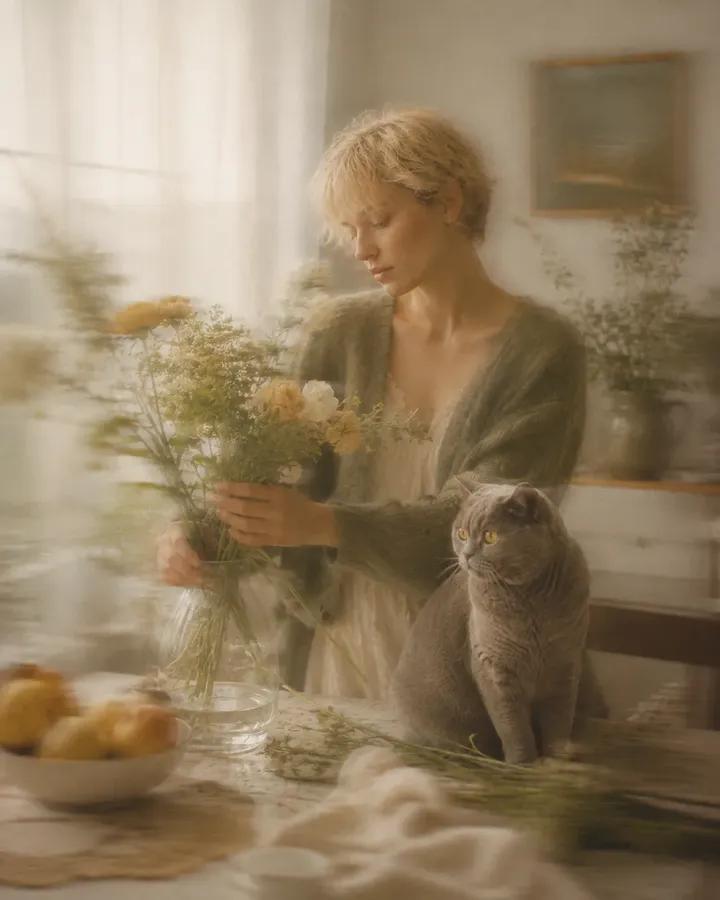 A woman in a flowing silk dress wanders through a misty garden