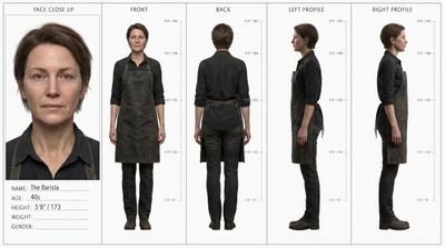 Barista in her forties shown in five-view turnaround sheet