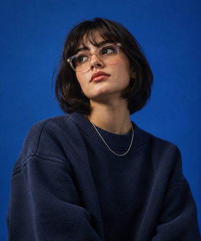 Model Poses in Oversized Knit Against Cobalt Studio Backdrop