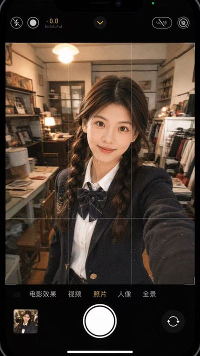A girl in a retro school blazer smiles softly in a warm room