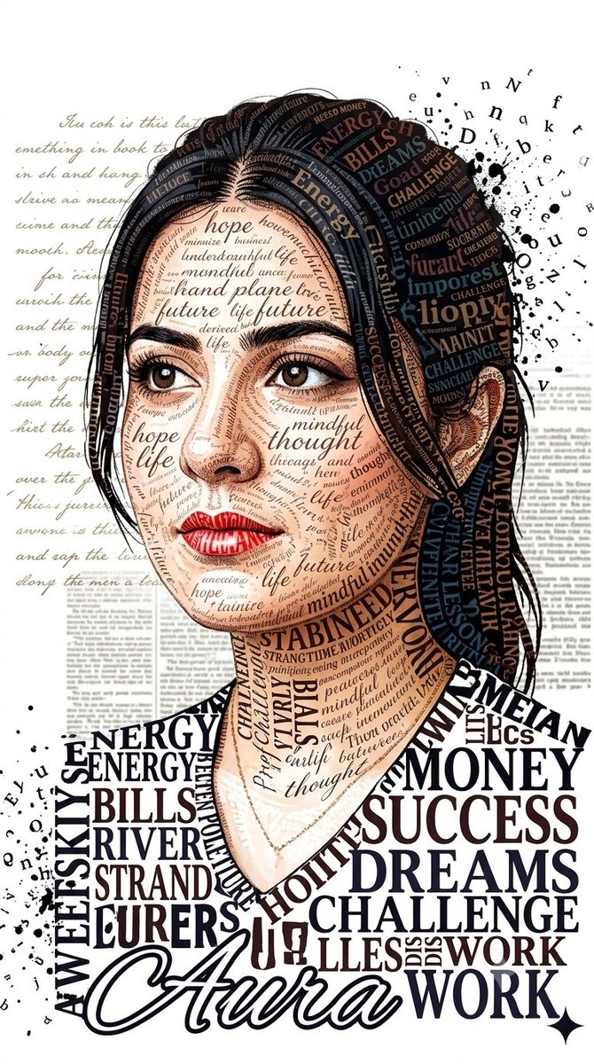 Typographic portrait of a woman formed by words and letters