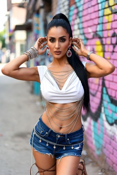 Confident Indian woman poses in front of vibrant graffiti wall.