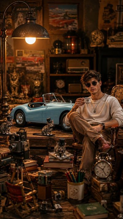 A stylish man in a vintage workshop with tabby cats in top hats