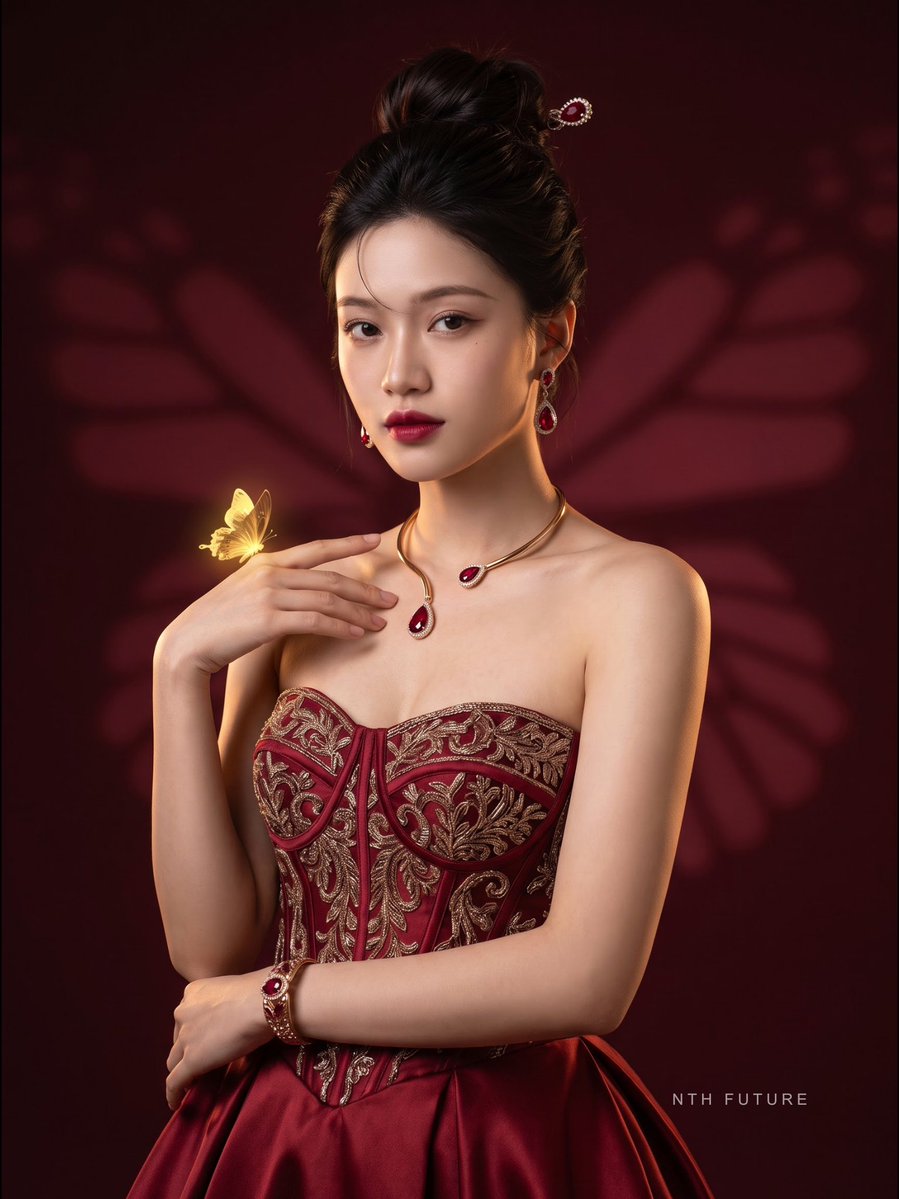 Golden butterfly rests on crimson ballgown in dark wine studio