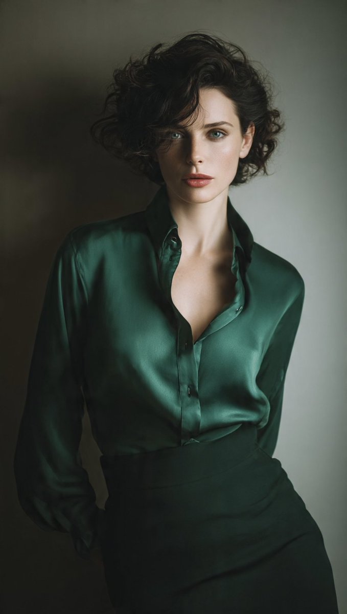 Confident woman in emerald silk shirt gazes calmly at camera