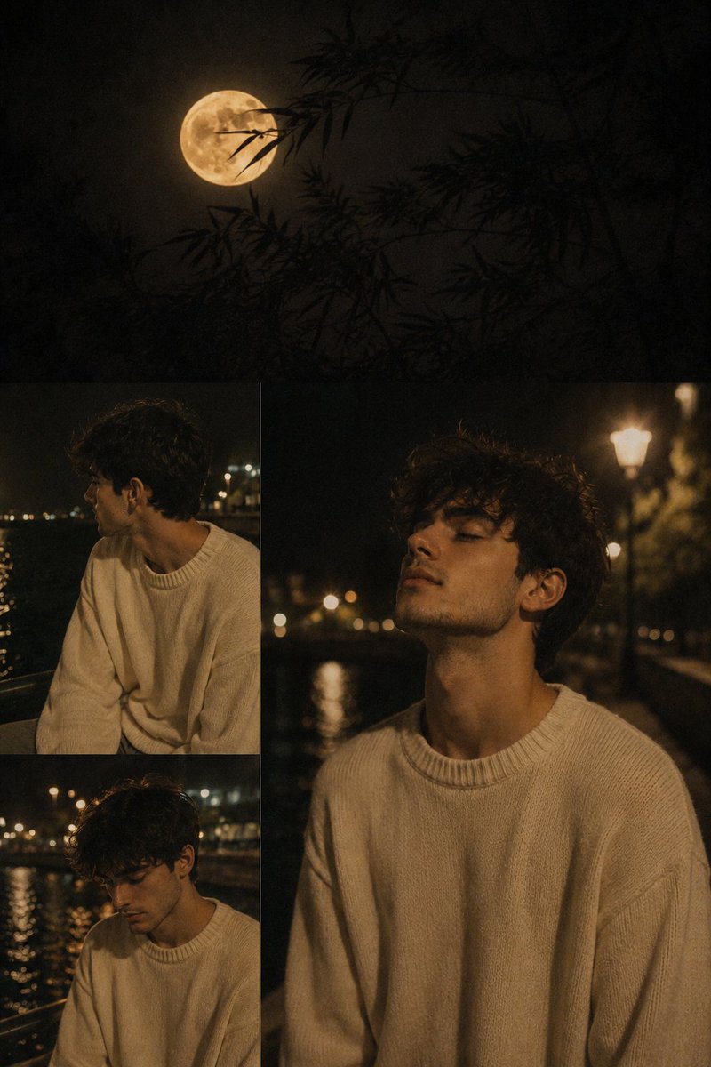Moonlit bamboo silhouettes frame a young man in an oversized sweater