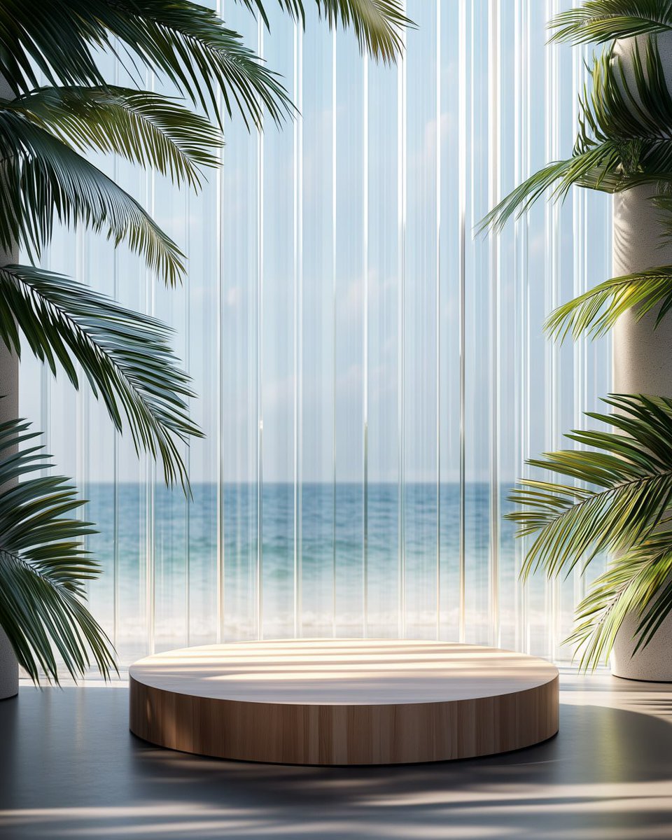 Round wooden podium stands before glass panels with palm leaves