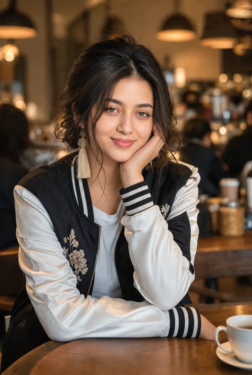 A woman rests her cheek on her hand at a cozy café
