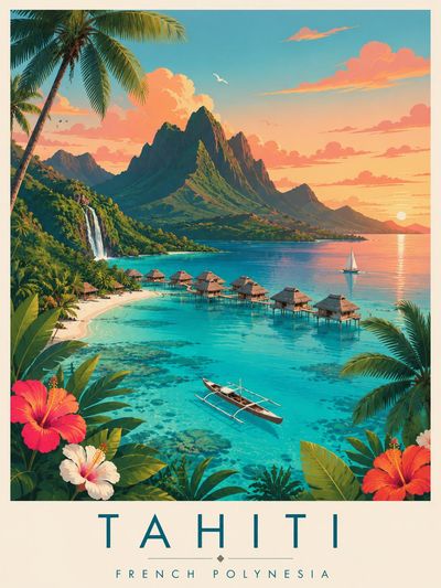 Turquoise lagoon and lush mountains frame Tahiti's serene sunset paradise