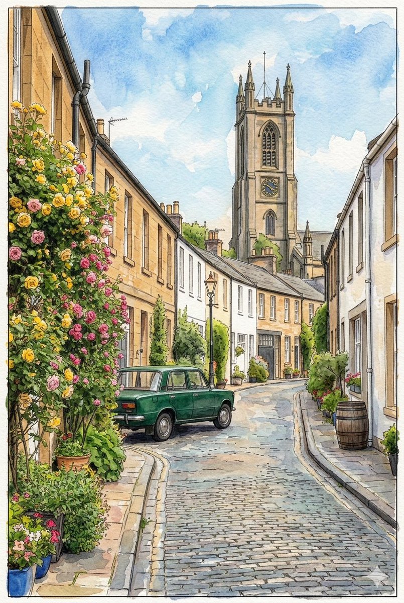 Golden sunlight illuminates Circus Lane's cobblestones and climbing roses.
