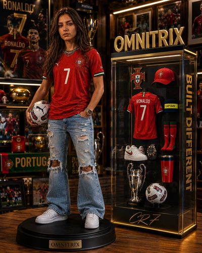 Portugal number seven collectible figure stands on a wooden display base