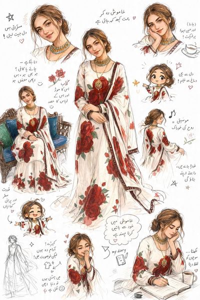 Urdu calligraphy and whimsical sketches fill a bright white page