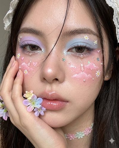 Pastel festival face paint glows on a dreamy selfie