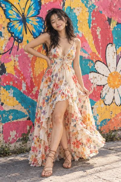 Laughing girl in painted dress stands before graffiti wall