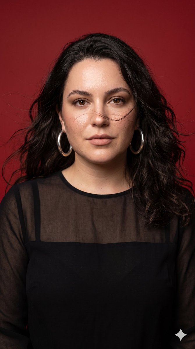 Luxury editorial portrait of a poised woman in scarlet studio