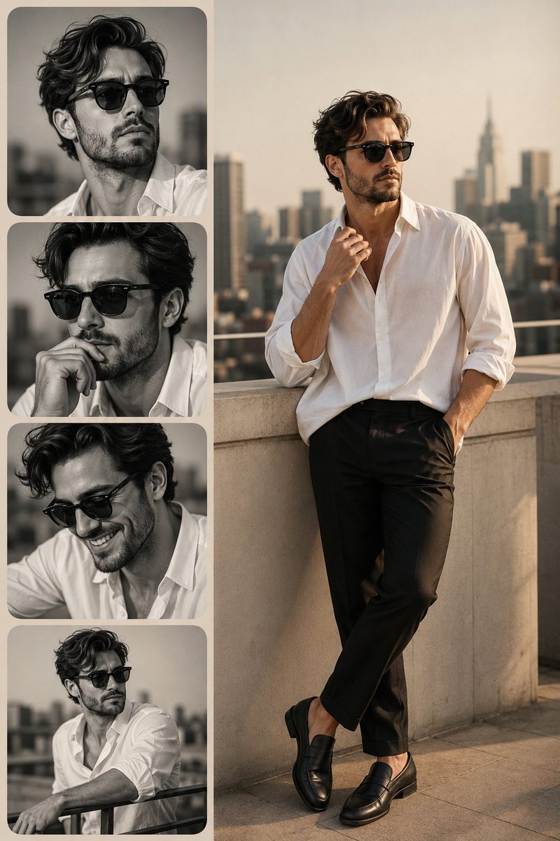 A handsome man in sunglasses poses in a luxury editorial collage