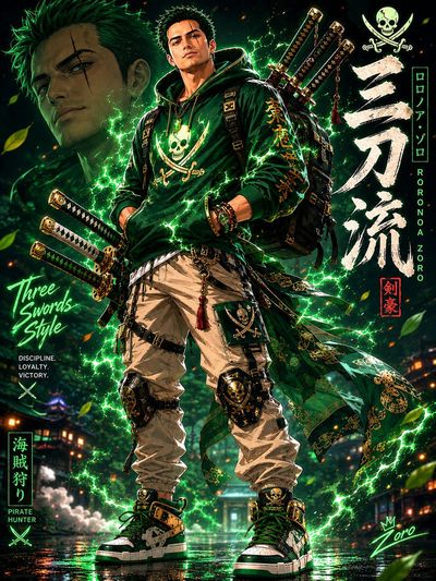 Green-haired swordsman in glowing emerald hoodie stands confidently