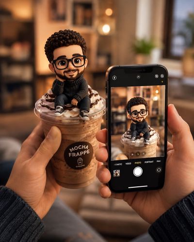 Chibi boy sits on a mocha frappe in a cozy room