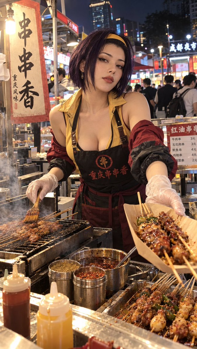 Cosplay vendor grills skewers at bustling Chinese night market