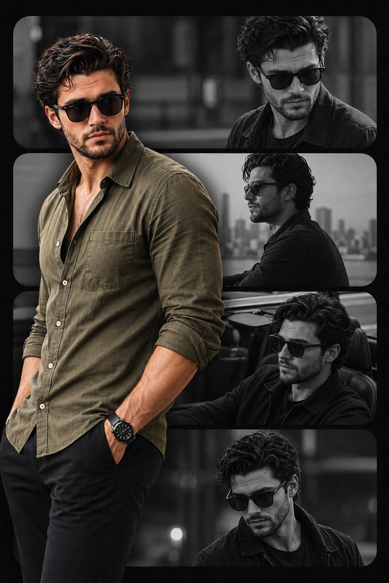 A handsome man in olive linen poses against moody city backdrop