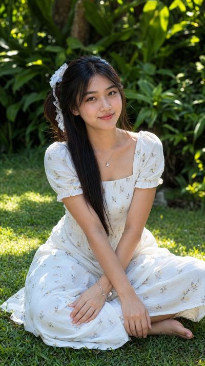 Burmese woman with long black hair sits in sunlit garden