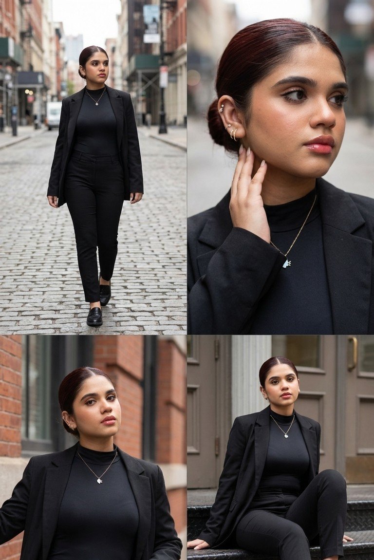 Young woman in black tee explores urban streets with quiet confidence.
