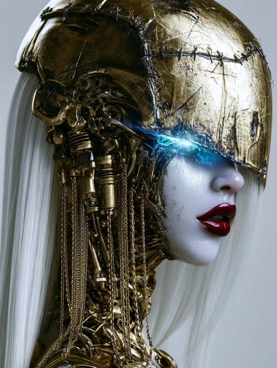 Cyborg Woman in Golden Helmet Glows with Electric Blue Eye