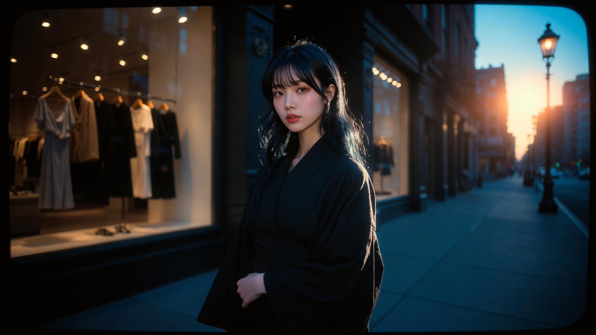 Elegant Japanese model poses in black kimono on Manhattan street