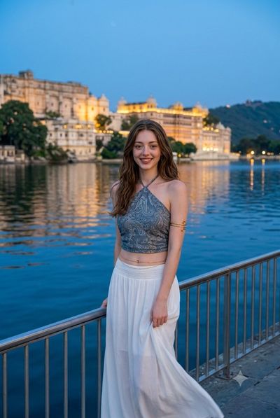 Woman in white skirt stands by lake at golden palace dusk