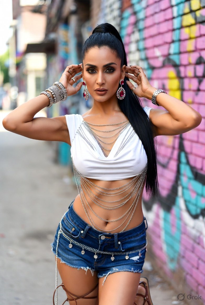 Confident Indian woman poses in front of vibrant graffiti wall.