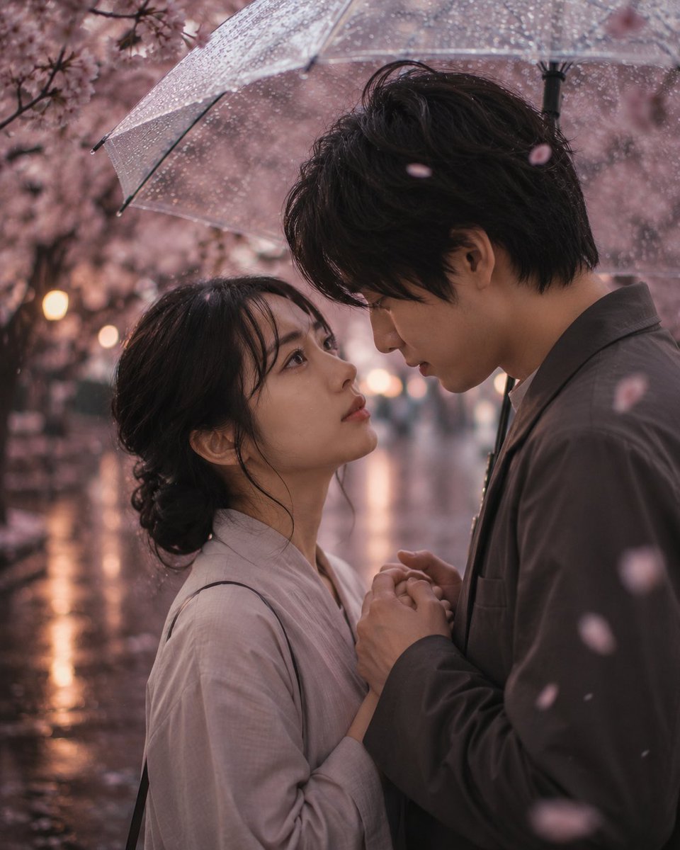 Japanese couple finds comfort under cherry blossom rain