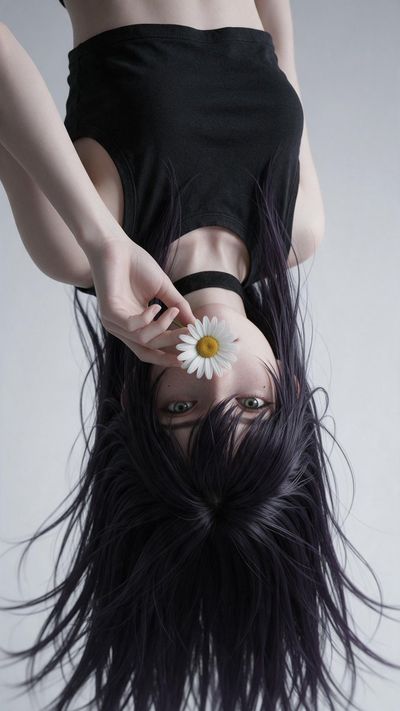 Reze hangs upside down holding a white daisy to her lips