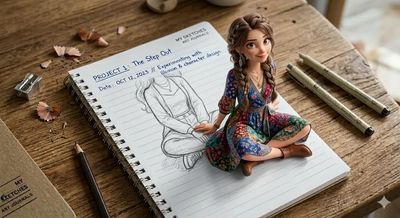 A Cute 3D Illusion: Girl Stepping Out of a Sketchbook
