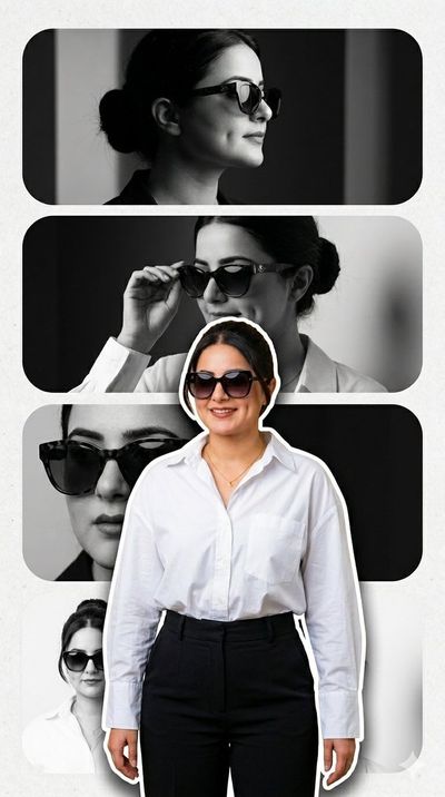 A stylish woman in sunglasses poses across stacked black and white panels