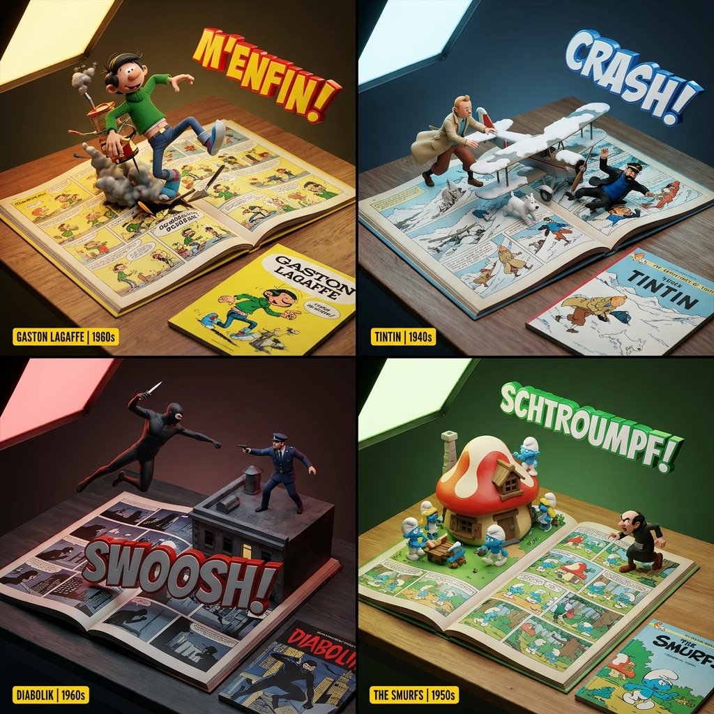 Four Miniature Dioramas Erupt from Vintage European Comic Pages