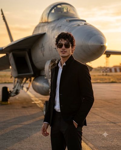 Confident pilot stands beside a fighter jet at golden hour