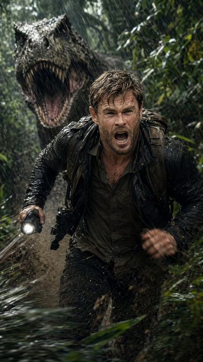 Jungle Pursuit: Man Racing from a Roaring Dinosaur in Torrential Rain