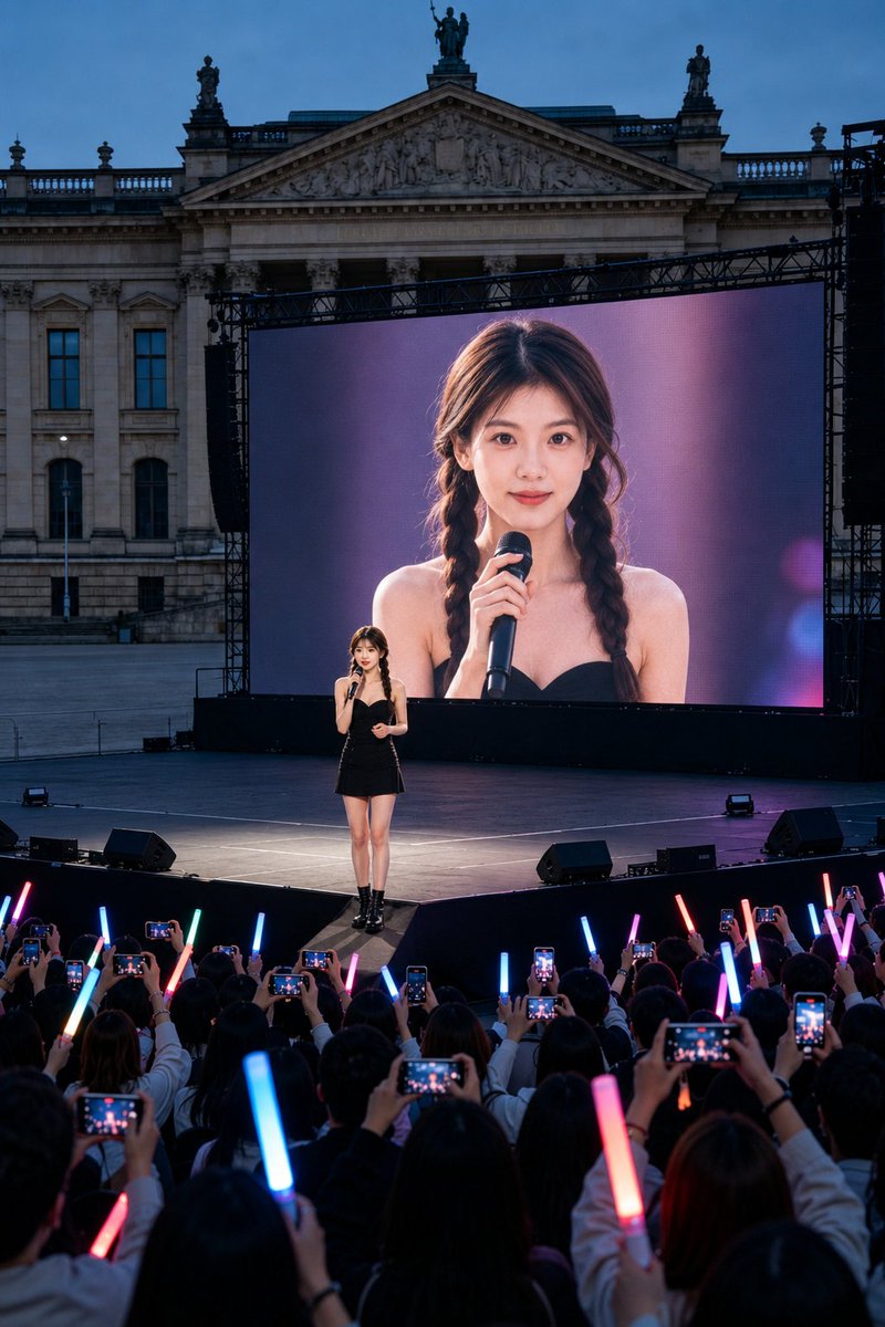 A performer captivates a crowd under a giant LED screen at dusk.