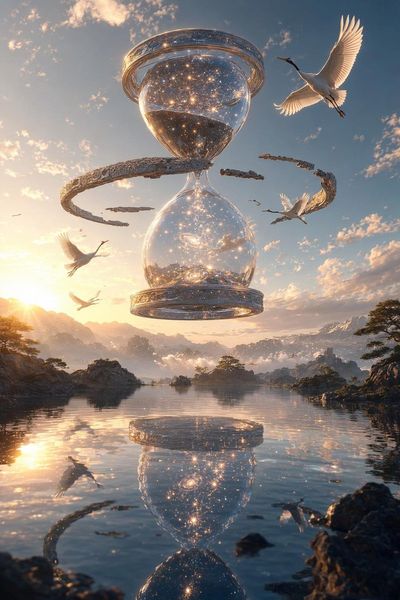 A crystal hourglass floats above a lake at sunrise with stars
