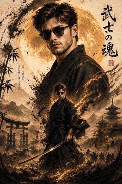 Modern Samurai in Epic Sumi-e Fusion