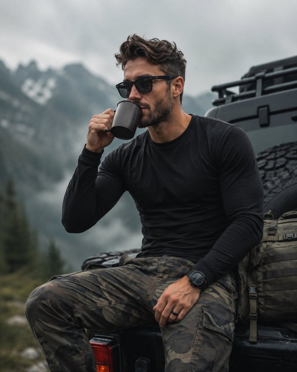 Rugged man in tactical gear drinks coffee on vehicle ridge