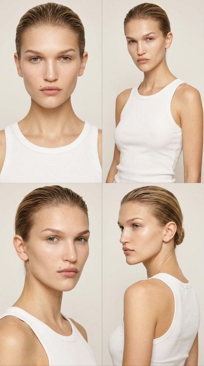 Model wears white tank top in four-panel studio portrait grid.