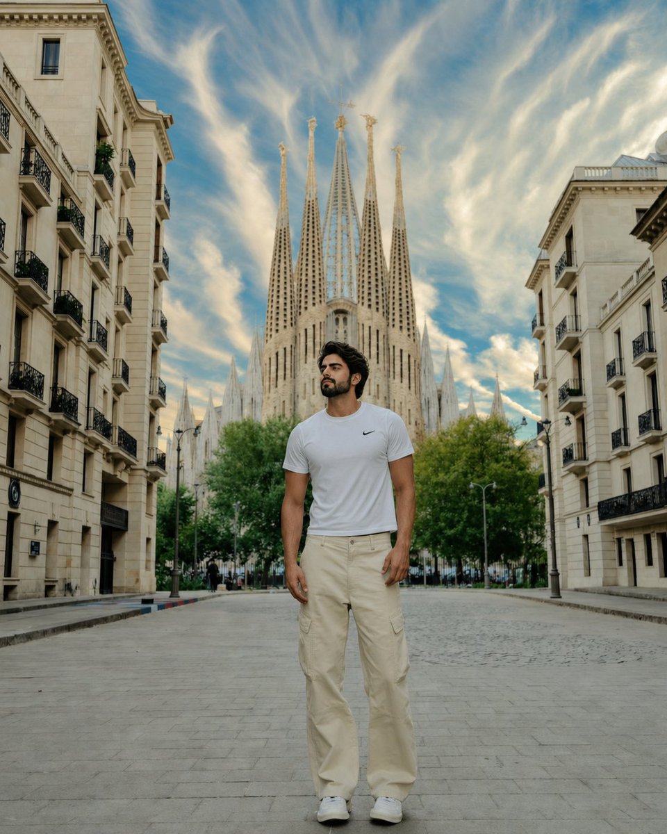A traveler stands before Sagrada Família under dramatic clouds.