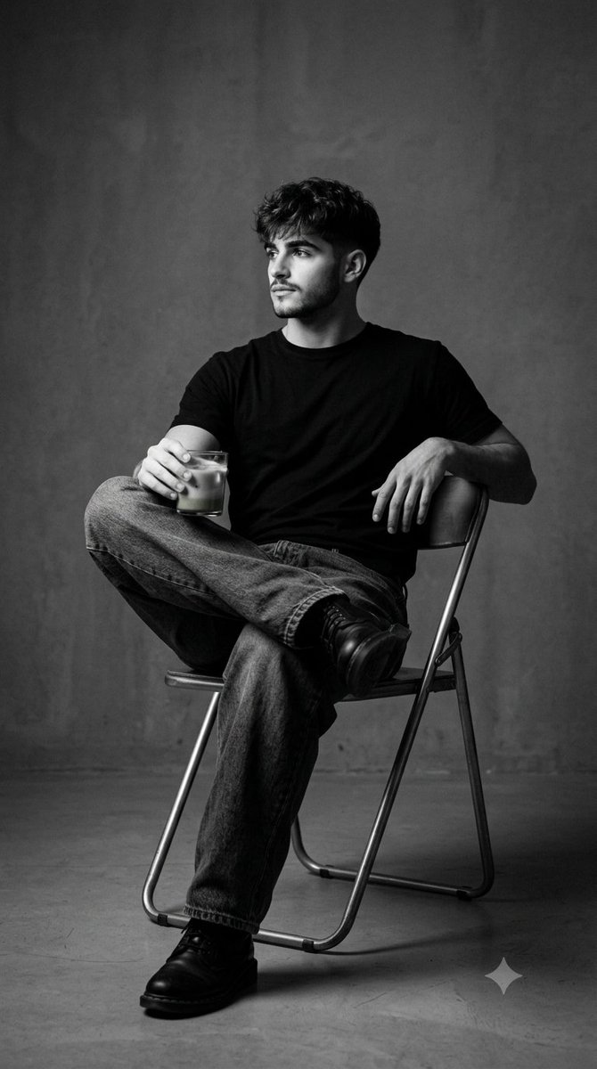 A man in black sits on a metal chair holding matcha.