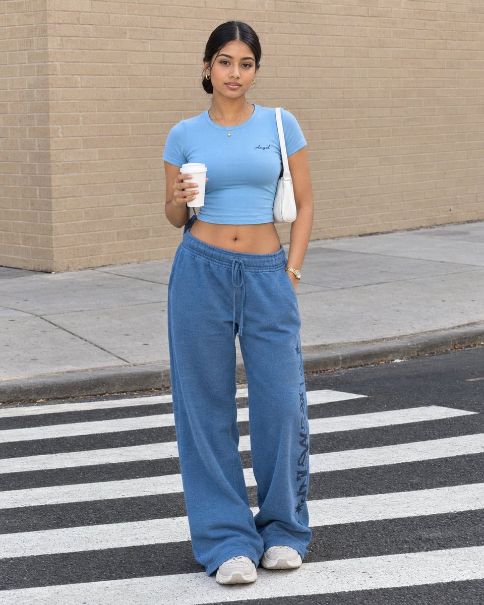 Confident woman in streetwear stands on zebra crossing in daylight