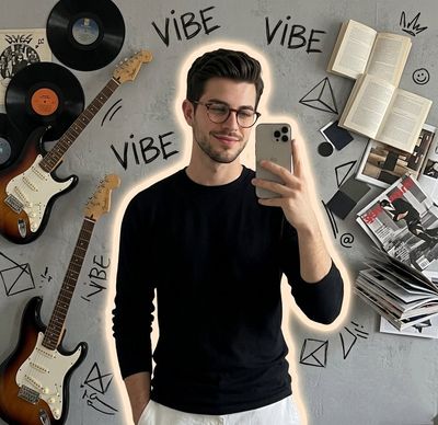 Mirror Selfie Amid Floating Creative Chaos