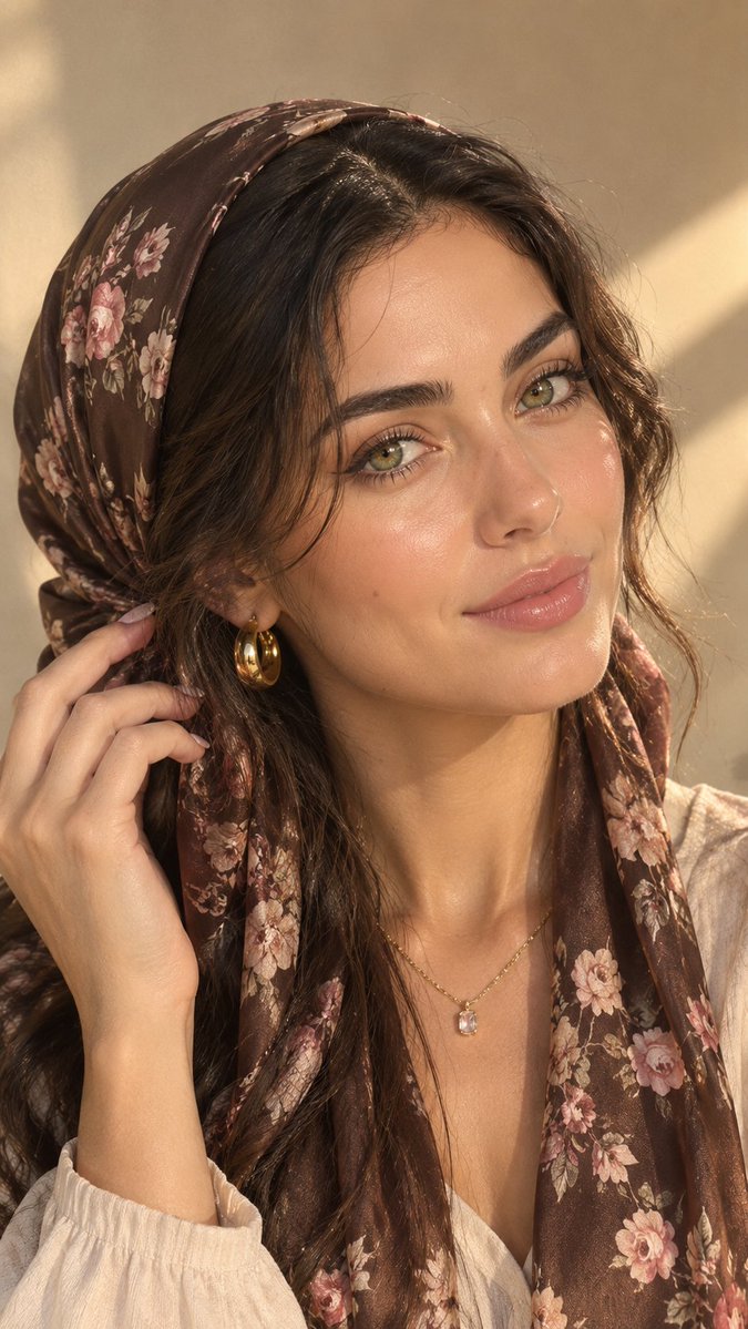 Sunlit Portrait of Woman in Brown Silk Headscarf with Floral Print