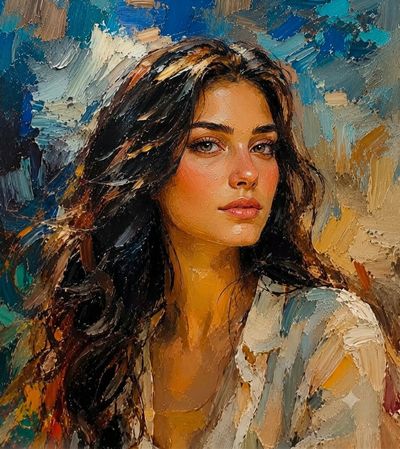 Woman with green eyes emerges from textured impasto brushstrokes